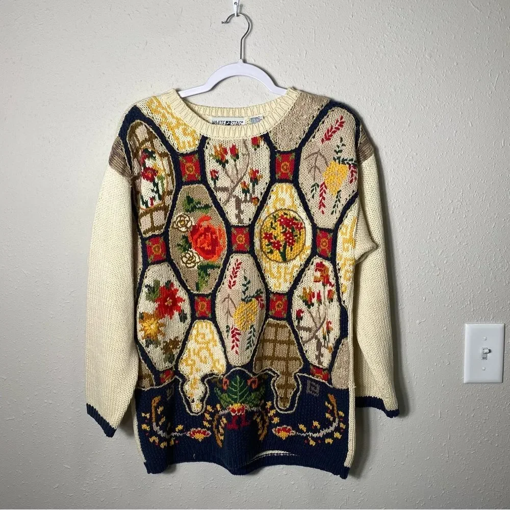 Vintage 1990's White Stag Fall Knit Patchwork Sweater Women's Size Small